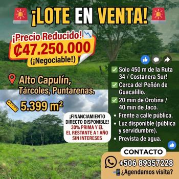 🚨 Lote en Venta! 🚨 Tarcoles  - 5.399 m²